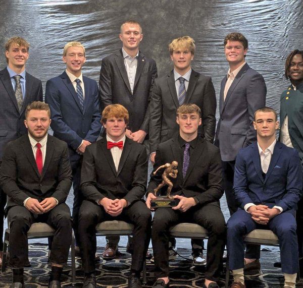 The Mr. Minnesota Football ten finalists. Included is the Mr. Football for 2024, LeRoy-Ostrander senior Camden Hungerholt (front row holding the trophy). He is the first 9-Man player ever to win the prestigious award. Photo by Trevor Carrier