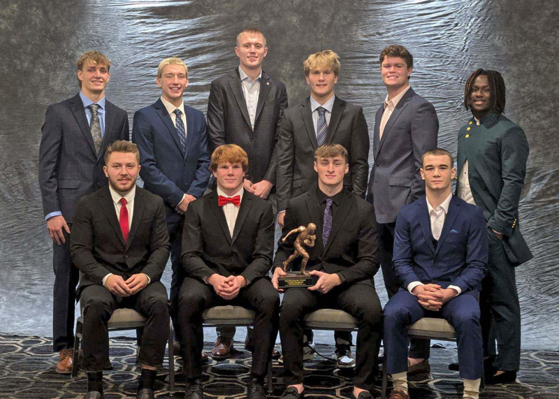 The Mr. Minnesota Football ten finalists. Included is the Mr. Football for 2024, LeRoy-Ostrander senior Camden Hungerholt (front row holding the trophy). He is the first 9-Man player ever to win the prestigious award. Photo by Trevor Carrier