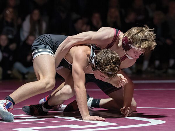 Chatfield’s Layne Root controls LARP’s Michael Alexander from top position in the teams’ key TRC dual. But #1 in Class A Chatfield (8-2) was way too much for the unranked but good Screamin’ Eagles (12-2), as they notched a 58-9 win. Photo Leif Erickson
