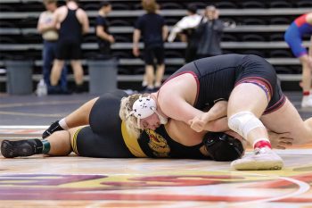 Chatfield’s Cole Ramaker works for a pin (he would get) in the Gopher’s dual with Bettendorf Iowa at “The Clash.” Chatfield lost the Friday placement first place match to Bettendorf, but they took a still strong sixth overall at the set of duals held in La Crosse. Photo by Sarah Sexton