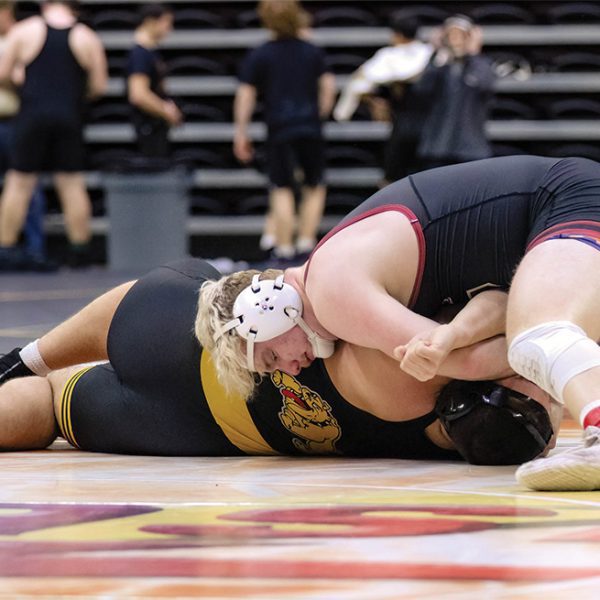 Chatfield’s Cole Ramaker works for a pin (he would get) in the Gopher’s dual with Bettendorf Iowa at “The Clash.” Chatfield lost the Friday placement first place match to Bettendorf, but they took a still strong sixth overall at the set of duals held in La Crosse. Photo by Sarah Sexton