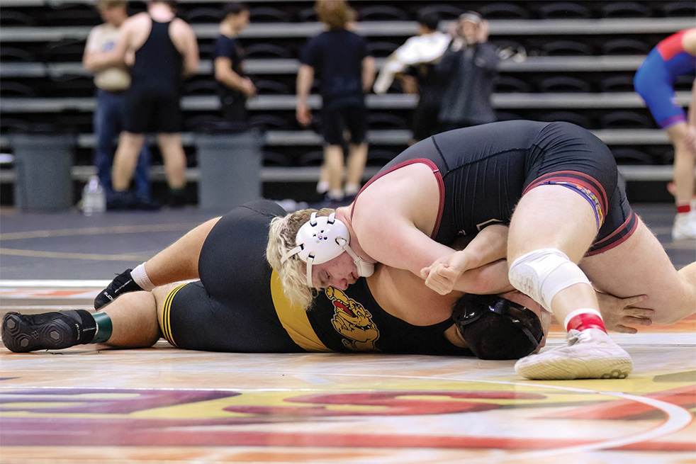 Chatfield’s Cole Ramaker works for a pin (he would get) in the Gopher’s dual with Bettendorf Iowa at “The Clash.” Chatfield lost the Friday placement first place match to Bettendorf, but they took a still strong sixth overall at the set of duals held in La Crosse. Photo by Sarah Sexton