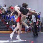 GMLOS’ Cael Smith takes LARP’s Carter Bronk for a ride in the 139-pound bout at the Screamin’ Eagles’ triangular. Smith posted a 10-0 major decision win. It was one of just four wins for the Bulldogs in a 53-22 LARP win. Photo by Paul Trende