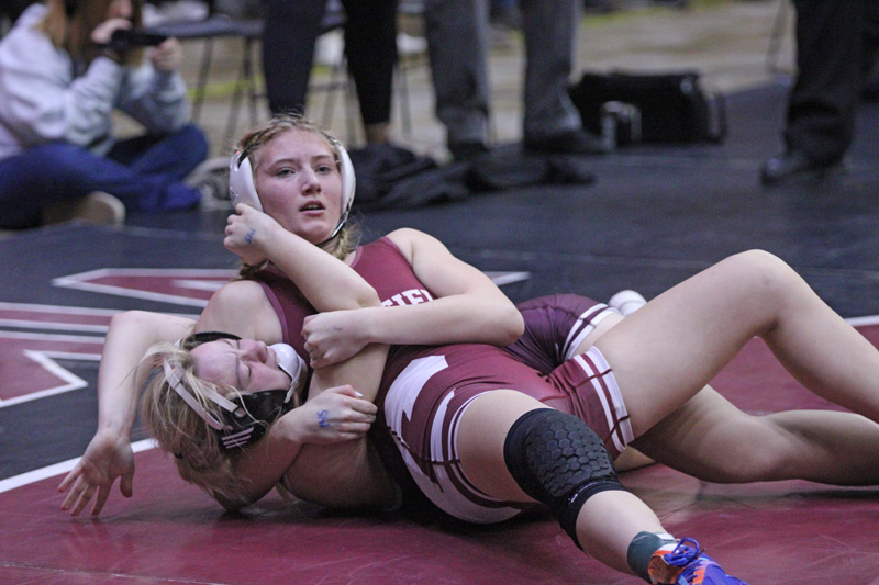 Chatfield’s Elle Eickhoff leans back for the pin at the Bi-State tourney. Eickhoff (tenth of 30) was one of five Gopher girls to place at the event. Photo by Paul Trende