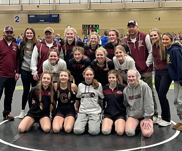 Chatfield girls wrestling took first at the Rochester-Century tourney behind titles from Emily Bova (100), Brynn Horsman (118), and Elle Eickhoff (142). A day later, Chatfield was one of just 16 to compete in the first ever Minnesota Girls Dual State Championship (where they took 13th mainly due to a lack of a full roster). Chatfield is a tip of the emerging girls’ wrestling sword. Photo submitted