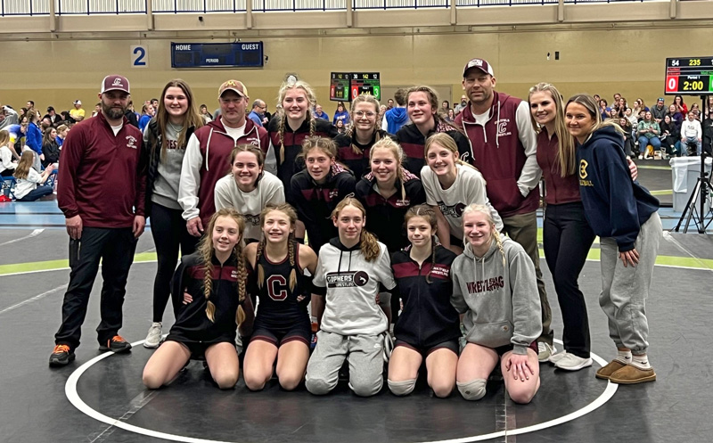 Chatfield girls wrestling took first at the Rochester-Century tourney behind titles from Emily Bova (100), Brynn Horsman (118), and Elle Eickhoff (142). A day later, Chatfield was one of just 16 to compete in the first ever Minnesota Girls Dual State Championship (where they took 13th mainly due to a lack of a full roster). Chatfield is a tip of the emerging girls’ wrestling sword. Photo submitted