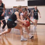 Grand Meadow’s Rylee Schaufler and Fillmore Central’s Aubrey Daniels fight for a loose ball in the teams’ non-conference affair. GM posted three wins on the week, over Southland 58-36, LeRoy-Ostrander 66-35, and the Falcons 44-37. The Larks improved to 11-2. Photo by Paul Trende