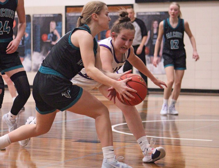 Grand Meadow’s Rylee Schaufler and Fillmore Central’s Aubrey Daniels fight for a loose ball in the teams’ non-conference affair. GM posted three wins on the week, over Southland 58-36, LeRoy-Ostrander 66-35, and the Falcons 44-37. The Larks improved to 11-2. Photo by Paul Trende