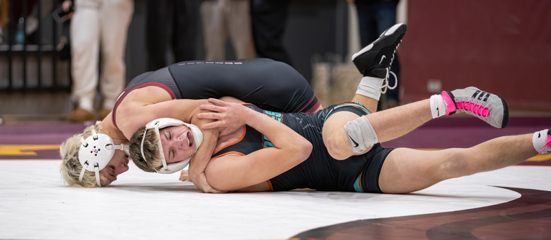 Chatfield’s top-ranked Ayden Miner has FCLMC’s Quinci Kaase in a compromising position at the Dover-Eyota triangular. Miner notched an 18-3 tech fall win, his 18th win by that variety this year. The Gophers won four duals on the week to improve to 12-2 overall. Photo by Leif Erickson