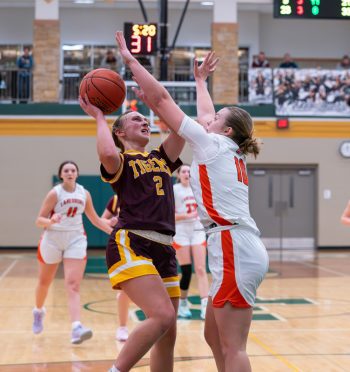 Rushford-Peterson’s Torryn Schneider and Lanesboro’s Jensyn Storhoff are at what looks to be an impasse in the team’s game during the Trojans tourney. The Burros notched a good 63-59 win, getting 26 points from Storhoff. Photo by Dawn Hauge