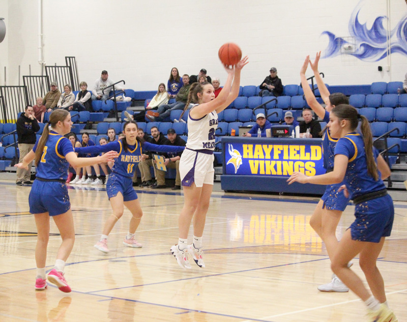 Rylee Schaufler is left alone in the zone for an open free throw line jumper in the Grand Meadow’s game versus Hayfield/Schaeffer Academy. GM gave up a double-digit second half lead, but Schaufler had two buckets in overtime to help enable a 57-56 win, as they moved to 7-1 on the year. Photo submitted