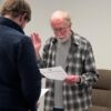 Caledonia City Clerk/Administrator Jake Dickson administers the Oath of Office to the newly elected council member, John Rauk, at the January 27 council meeting. Photo by Charlene Corson Selbee