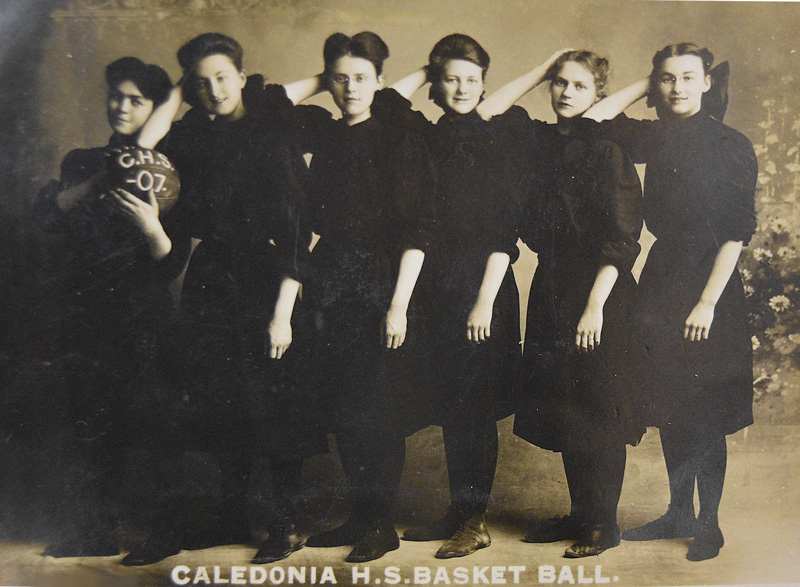 The first high school basketball team for girls in Caledonia, appropriately attired in bloomers, posed in 1907. The players, in no known relation to the photo, were Erma King, Luella Seufert, Catherine Roverud, Mary Krier, Edna Solberg and Hazel Rhines. Photo courtesy of the Houston County Historical Society