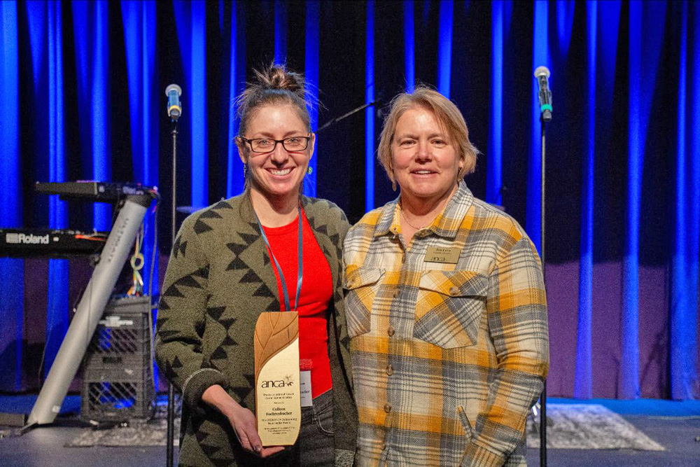 Colleen Foehrenbacher, left, receives the Outstanding New Leader Award from Jen Levy, executive director of the Association of Nature Center Administrators. Photo submitted