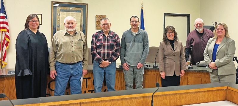 Houston County Commissioners each took their Oath of Office on January 6, 2025, with District Court Judge Carmaine Sturino performing the swearing-in. Pictured from left to right: Judge Sturino, Glenn Kruse – Soil and Water Conservation Supervisor/District 4, Kenneth Anderson – Soil and Water Conservation Supervisor/District 3, Matt Feldmeier – Soil and Water Conservation Supervisor/District 5, Cindy Wright – County Commissioner/District 1, Greg Myhre – County Commissioner/District 5, and Suzanne Bublitz – Interim Houston County Attorney. Missing from photo is Kurt Zehnder – County Commissioner/District 3. Photo submitted