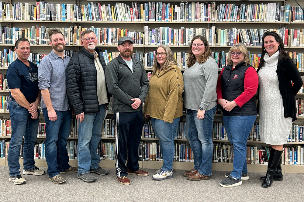 The Houston School Board posed for their official photo; from left to right: Steve Walters, Chair Josh Norlien, Treasurer Arlin Peterson, Clerk Mark Swenson, Vice-chair Mimi Carlson, Nickki Johnson, Lisa Schultz and Superintendent Mary Morem. Photo by Wanda Hanson