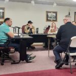 Brian Malm addresses the Lanesboro council about the Hwy. 250 project. Left to right: Joe Cullen, Kathryn Wade (mostly hidden), Chase Bakke, Alicia Pearson, Brian Malm Joseph O’Koren and Mitchell Walbridge. Photo by Hannah Wingert