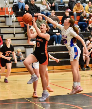 Lanesboro’s Jentrey Schreiber goes in for a layup as Southland’s Breeley Galle tries for the block. The Burros topped the Rebels 61-55 for their fifth straight win, as they improved to 12-8. Photo by Ron Mayer