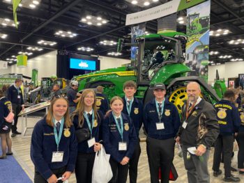 FFA Officers attended the 2024 National FFA Convention Career Fair. From the left: Sophia Storlie, Summer Colsch, McKenna Eglinton, Tyler Hoscheit, Leo Privet and Advisor Rich Larson. Photo submitted