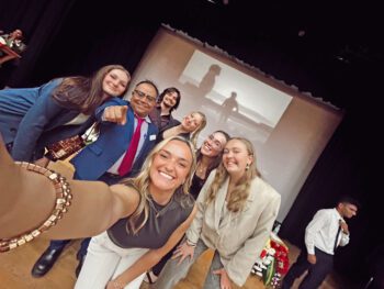 The CSB-SJU group from left to right: Courtney Gouda, Kingshuk Mukherjee, Blake Ehlert, Hannah Roach, Emma Illg and Hannah Kauppinen. Malia Michelfelder Tessum took the selfie. Photo submitted