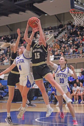 Caledonia’s Nicole Banse chiefly battles Cotter/Hope Lutheran’s Macy Donnenworth for a rebound in the teams’ 1AA semifinal. The fifth-ranked Warriors impressively trekked through Zumbrota-Mazeppa 66-25 and the Ramblers 78-59 to move on to the 1A finals. Photo by Paul Trende