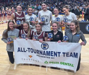 Caledonia’s Aubrie Klug (bottom left) made the Class AA All-Tourney team. She is pictured with a very talented group of girls that includes Crosby-Ironton’s Tori Oehrlein (a Minnesota commit) and Providence Academy’s Maddyn Greenway (a Kentucky commit and daughter of former Vikings linebacker Chad Greenway). Photo by Sara Klug