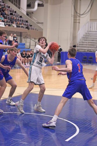 Fillmore Central’s Clayton Schoepski gets in the lane versus Southland in the teams’ Section 1A quarterfinal at Mayo Civic Auditorium. But FC fell to the Rebels 63-36, as Southland stayed perfect on the year (28-0). Photo by Paul Trende
