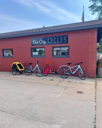 Owl City Cycles accommodates kids for e-bike rentals as well with the red Weehoo for kids 4 to 8 and the Burley which can hold up to two kids ages 2-7. Photo submitted