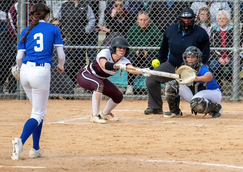Chatfield’s Grace Finley looks to lay down the bunt versus TRC rival Cotter/Hope Lutheran. The undefeated Gophers (4-0) notched three impressive wins on the week, topping AAA schools Byron 10-5, Stewartville 2-1 in eight innings, and the Ramblers 10-3. Photo by Leif Erickson
