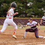 Chatfield’s Grace Finley readies to take the throw to first to get St. Charles runner Willow Lange, while teammate Brittin Ruskell backs up the play, in the Gophers’ season-opener, a 7-2 win. Photo by Leif Erickson