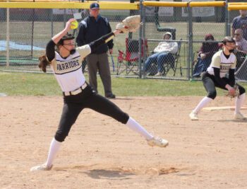 Avery Augedahl spins it on the mound in Caledonia’s 1-0 win over Stewartville. The #6 in AA Warriors are off to a 5-0 start to the year (including a 3-0 week) and Augedahl’s ERA is 0.00 over 35 innings (5-0 record) and she has 62 strikeouts. Photo by Paul Trende