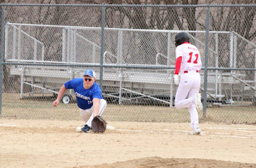 …over on the baseball diamond, Houston’s C.J. Wruck is narrowly thrown out at first with Cougar Milton Hutchinson collecting the nice assist, though the Hurricanes got a shut-out from pitchers Morgan Rohweder and Hector Steinfeldt in a 3-0 ‘Cane win. Photo by Paul Trende