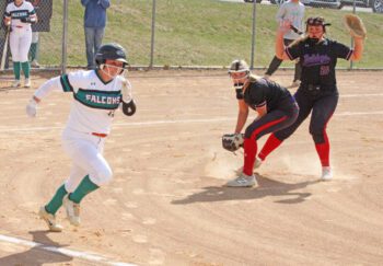 GMLOK pitcher Aspen Kolling fields the (successful first inning) bunt of Fillmore Central/Lanesboro’s Josie Corson (with Bulldog Jaelee Hagstrom also shown). Kolling’s visitors scored four in the top of the sixth to break a 2-2 tie, catapulting GMLOK to a 6-2 win. Photo by Paul Trende