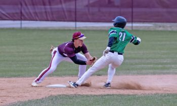 Chatfield’s Chase Johnston tags La Crescent/Hokah’s Leyton Johnson out at second base. The Gophers played the TRC-East leading Lancers (7-0) tough, but fell 4-2 in a TRC matchup. Photo by Leif Erickson
