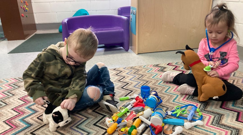 Busy and caring veterinarians.