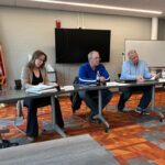 The Lanesboro School Board members listen to citizen concerns during the public comment period, from left to right: Steve Storhoff, Sarah Peterson, Chair Steve Snyder, Mark Holmen, Kevin Horihan and Lucas Bergo. Photo by Wanda Hanson