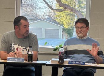 Mabel-Canton School Board Chairman Chris Miller and Superintendent Gary Kuphal led the April 15 school board meeting. Photo by Charlene Corson Selbee