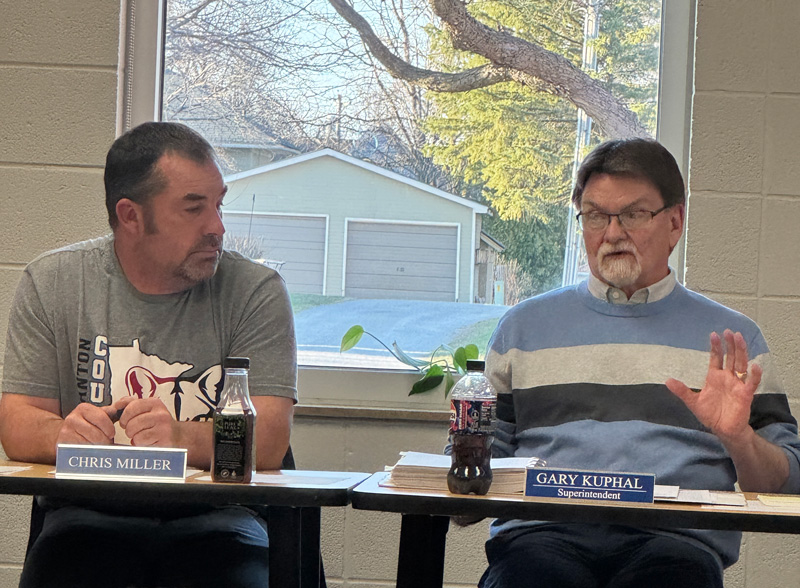 Mabel-Canton School Board Chairman Chris Miller and Superintendent Gary Kuphal led the April 15 school board meeting. Photo by Charlene Corson Selbee
