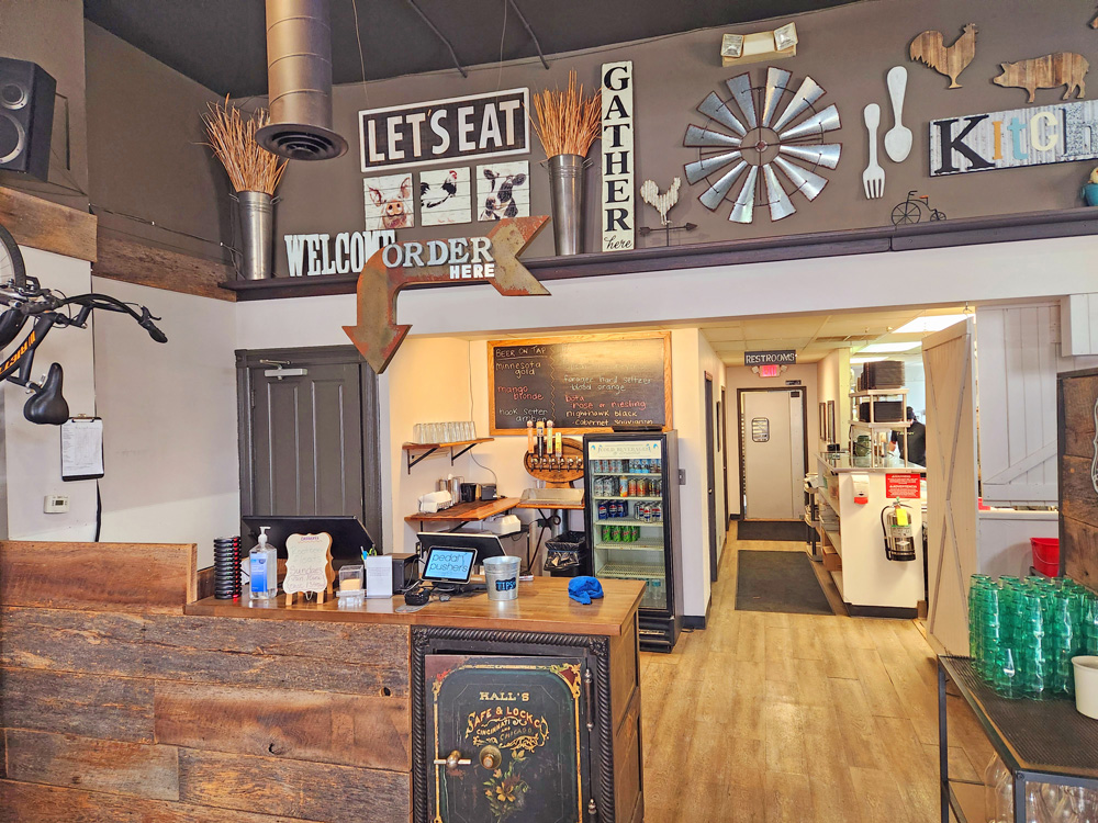 The service counter at Pedal Pushers is decorated uniquely and is welcoming to customers. Photo by Barb Jeffers