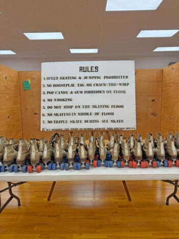 The skates are for sale - $25 a pair, but the sign is not. Photo by Charlene Corson Selbee