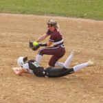 Caledonia’s Paizley Lange slides into second base ahead of the force by Chatfield’s Brittin Ruskell, a hustle play that allowed a bases loaded run to score. Caledonia, #5 in AA, topped the Gophers, #9 in AA, by 4-0 final in a key TRC matchup of East and West TRC division leaders. Photo by Paul Trende