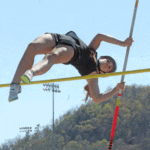 LFCMC’s Elizabeth Clarke vaults into the blue at the 1A True Team meet. Clarke (9’0”) had one of two individual first place finishes at the event for Team Fal-Bur-Coug, which took third, but made state by Wild Card berth. Photo by Paul Trende