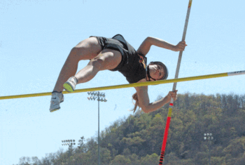 LFCMC’s Elizabeth Clarke vaults into the blue at the 1A True Team meet. Clarke (9’0”) had one of two individual first place finishes at the event for Team Fal-Bur-Coug, which took third, but made state by Wild Card berth. Photo by Paul Trende