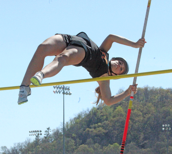 LFCMC’s Elizabeth Clarke vaults into the blue at the 1A True Team meet. Clarke (9’0”) had one of two individual first place finishes at the event for Team Fal-Bur-Coug, which took third, but made state by Wild Card berth. Photo by Paul Trende