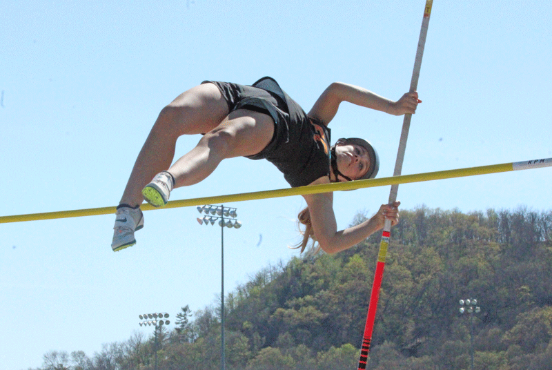 LFCMC’s Elizabeth Clarke vaults into the blue at the 1A True Team meet. Clarke (9’0”) had one of two individual first place finishes at the event for Team Fal-Bur-Coug, which took third, but made state by Wild Card berth. Photo by Paul Trende