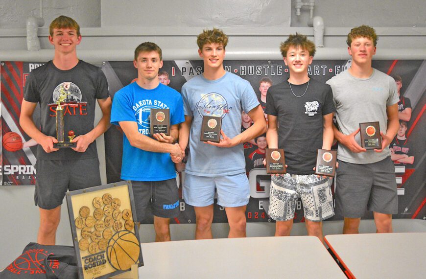 Spring Grove boys 2025 basketball team awardees are, from left: Ben Udstuen, Most Valuable Player; Troy Reinhardt, co-Defensive Player of the Year; Zach Brumm, co-Defensive Player of the Year; Lyric Stadtler, Rookie of the Year and Most Improved; and Caleb Eiken, Lion Award. Photo by Lee Epps