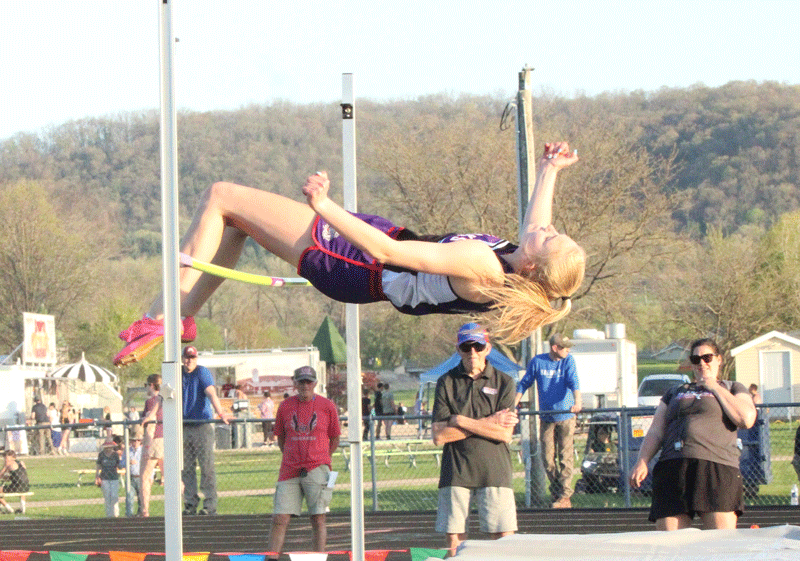GMLOKS senior Lauren Queensland clears 5’2” in the High Jump, securing her the title in said event at the 1A True Team meet. The performance was key for her team making state, and it tied her with sister Riley atop the GMLOKS High Jump record books. Photo by Paul Trende