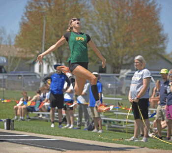 Yet again, RPH junior track and field aficionado Aubry Boldt has rewritten her own program records. At the 1A True Team Meet, Boldt reset her own Long Jump (18’10”) and 110-hurdles records (15.26). She was thrice champ at the event (also Triple Jump), while also winning all three events at the TRC meet days later. Photo by Emma Geiwitz