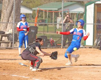 Mabel-Canton’s Kailey Ingvalson presses to score a run but will be tagged out by GMLOK catcher Cheyenne Bakken. But the Cougars rode a 15-strikeout day from Tylar Wenthold to a 4-1 victory, one of three Cougar wins on the week. Photo by Christene Vreeman