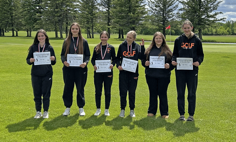Lanesboro boys and girls golf teams (above) each won their respective SEC meets. Coached by Tim Opat and Dusty McCabe, boys team members are Jack Brogle, Holdyn Willford, Kyle Ruen, Dayton Haugen, Grant Horihan and Jack Lawston. Girls members are Grace Tufte, Jentrey Schreiber, Addison McCabe, Ellie McCabe, Bella Thomas and Taylor Hanson. Photos submitted